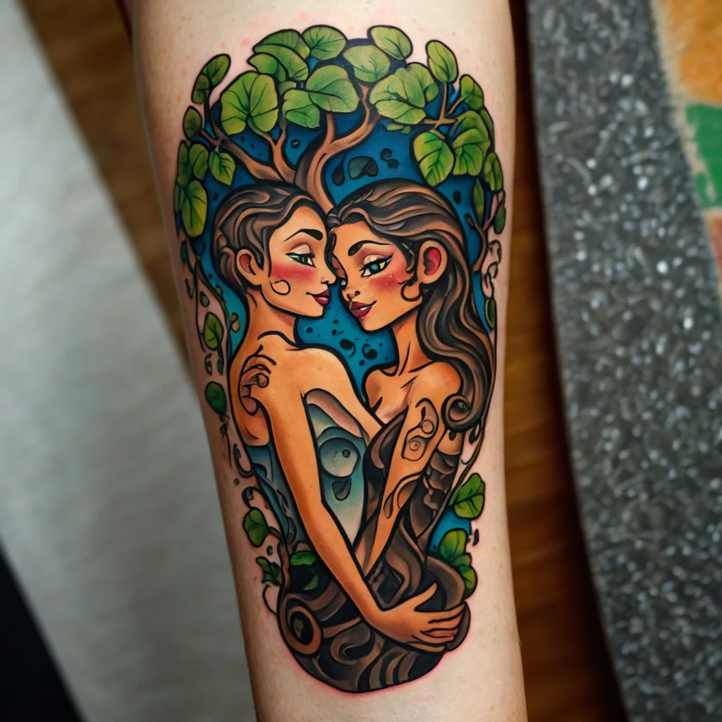 Colorful tattoo of two entwined women with flowing hair, surrounded by leafy branches, symbolizing unity and nature.