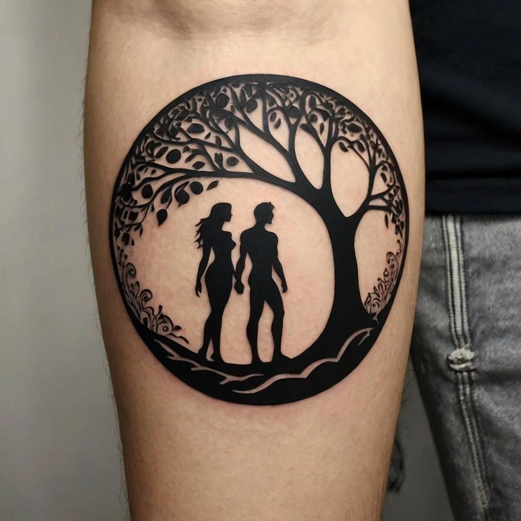 Tattoo of a silhouetted couple under a lavish tree in a circle, symbolizing love, connection, and nature.