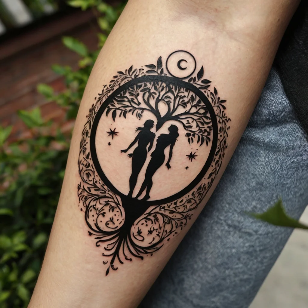 Silhouettes beneath a tree within a circle, surrounded by stars and swirls with a crescent moon on top.