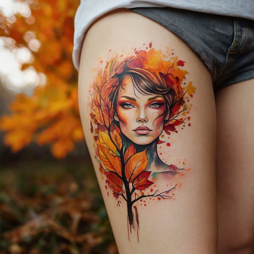 Tattoo of a woman's face entwined with autumn leaves, blending vibrant oranges and reds, symbolizing nature's beauty.