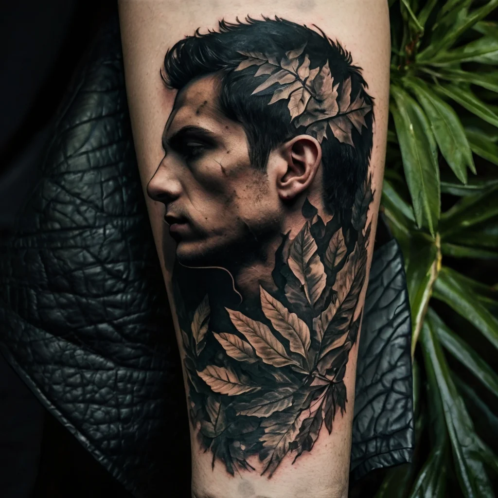 Realistic tattoo of a man's profile with hair and neck transforming into detailed autumn leaves, blending nature and human form.