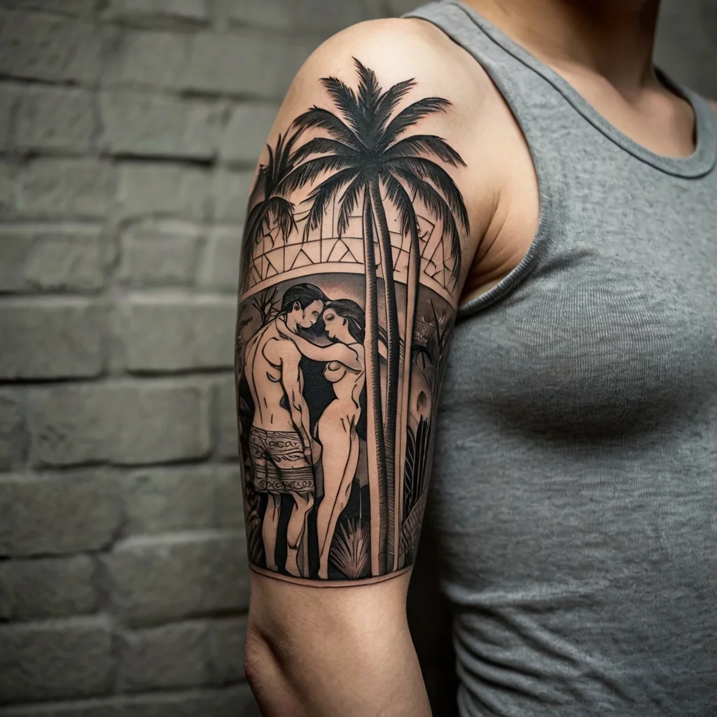 Tattoo featuring a romantic couple beneath palm trees, embracing in a tropical landscape with intricate shading and linework.