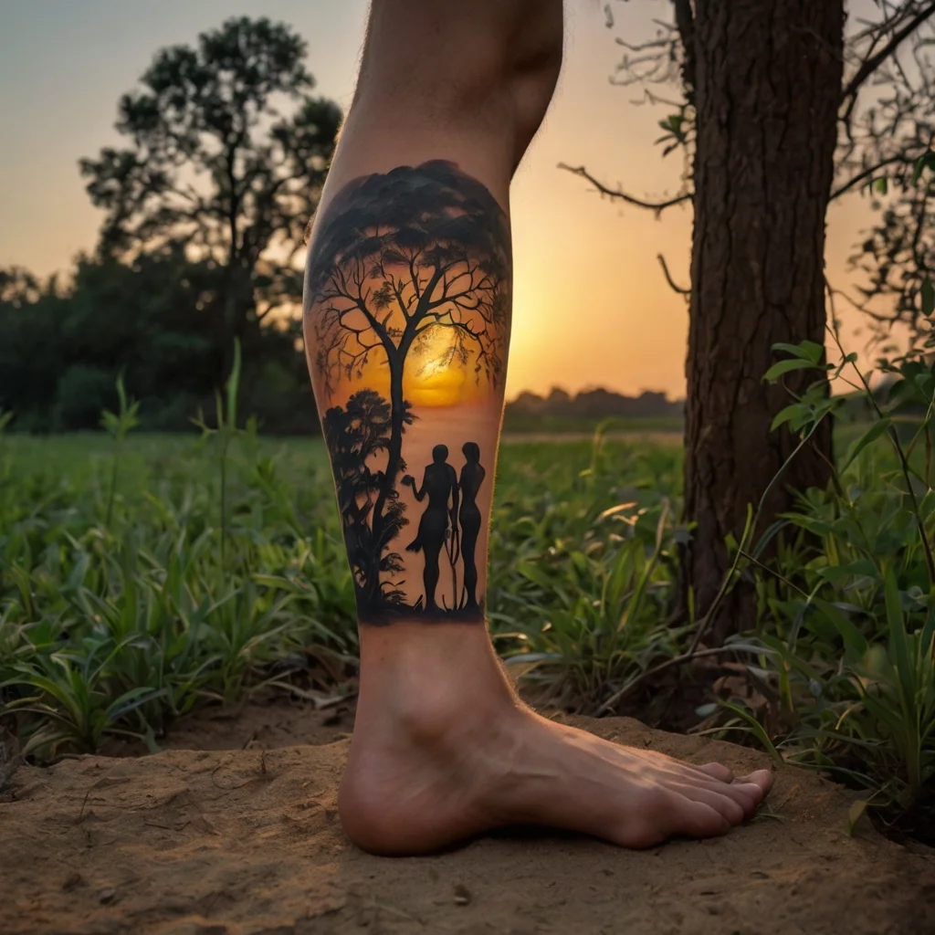 Silhouette tattoo of two figures under a tree, set against a vibrant sunset on the calf, blending nature and human connection.