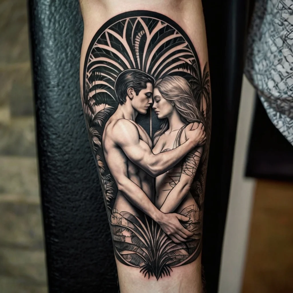 Tattoo of an embracing couple surrounded by lush foliage and intricate details, symbolizing love and nature's harmony.