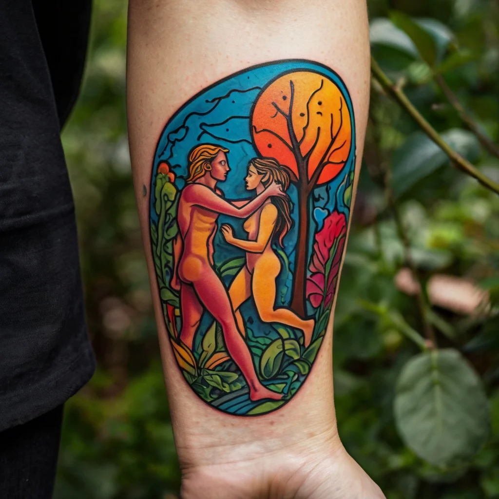 Colorful tattoo of two figures intertwined in a natural setting, with vibrant orange sun and stylized trees and plants.