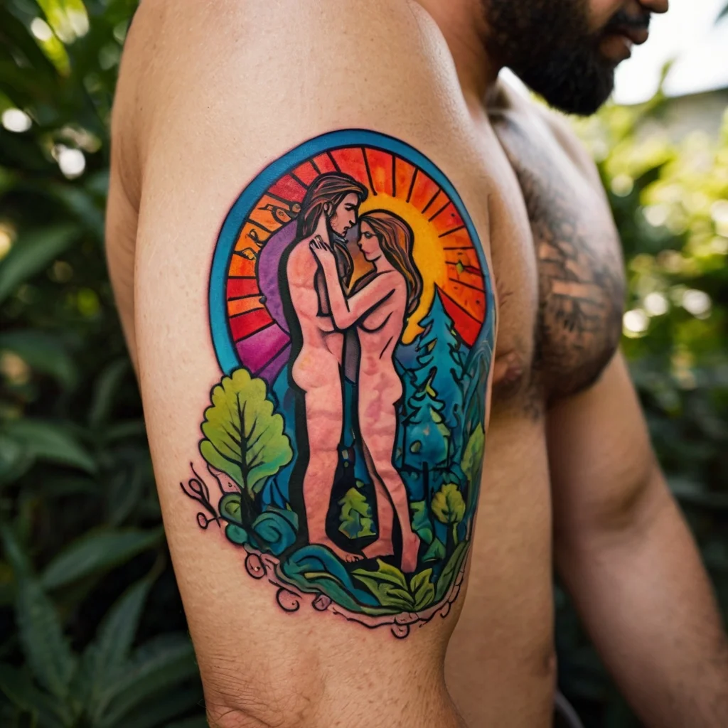 Tattoo of a couple embracing, surrounded by vibrant foliage and a radiant sunset, in a stained-glass style on the upper arm.