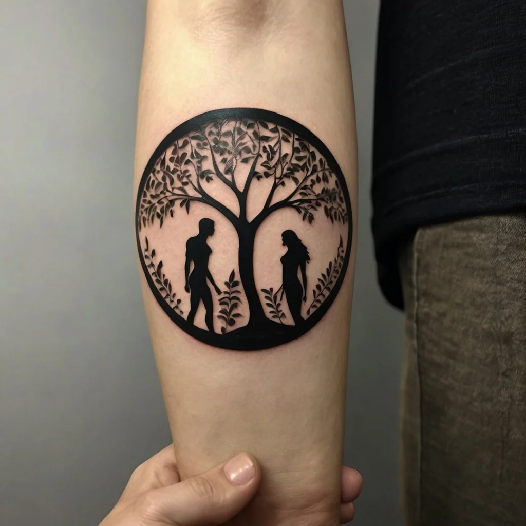 Silhouette tattoo of a man and woman facing each other under a tree, encircled within a round border.