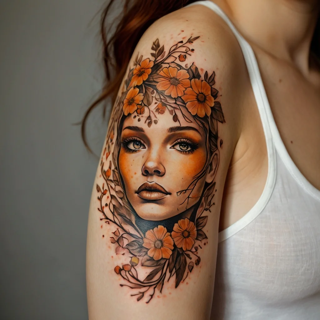 Realistic portrait tattoo of a woman's face, surrounded by vibrant orange flowers and intricate branches on the arm.