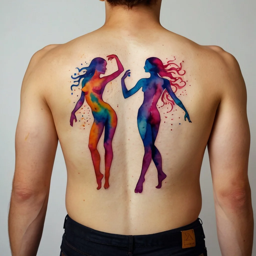 Colorful watercolor-style tattoo of two dynamic, abstract female figures, facing each other, covering the back.