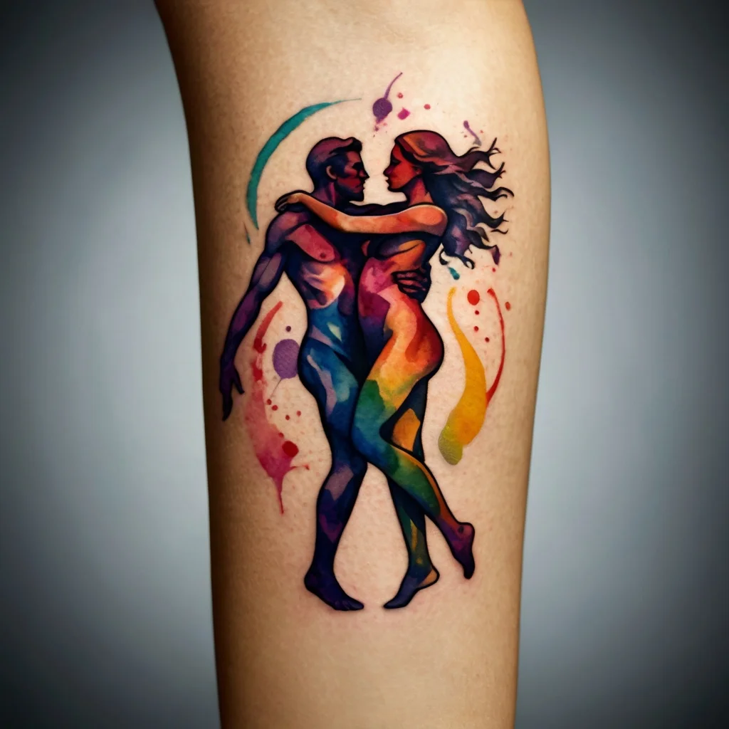 Colorful watercolor tattoo of an intertwined couple, symbolizing unity and passion, embellished with vibrant splashes.