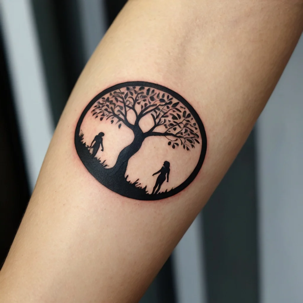 Silhouette tattoo: two figures and a tree within a circle, symbolizing nature and connection in life’s journey.