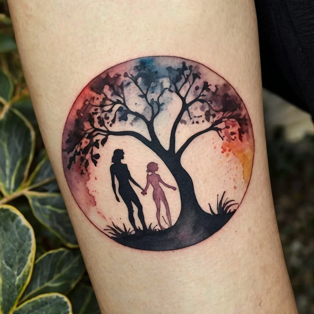 Silhouette tattoo of a parent and child under a tree, with a watercolor sky, symbolizing connection and growth.