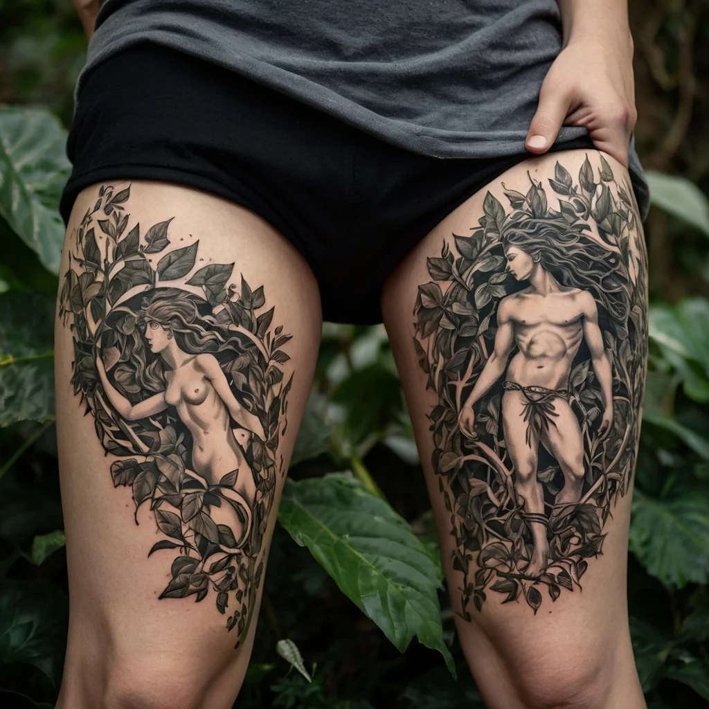 Detailed Adam and Eve tattoos on thighs, intertwined with lush foliage, depicting a classic biblical scene.