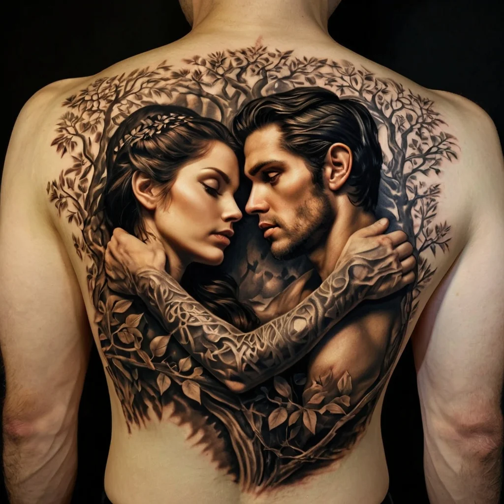 Intricate tattoo of an embracing couple intertwined with a tree, symbolizing deep connection and natural unity.