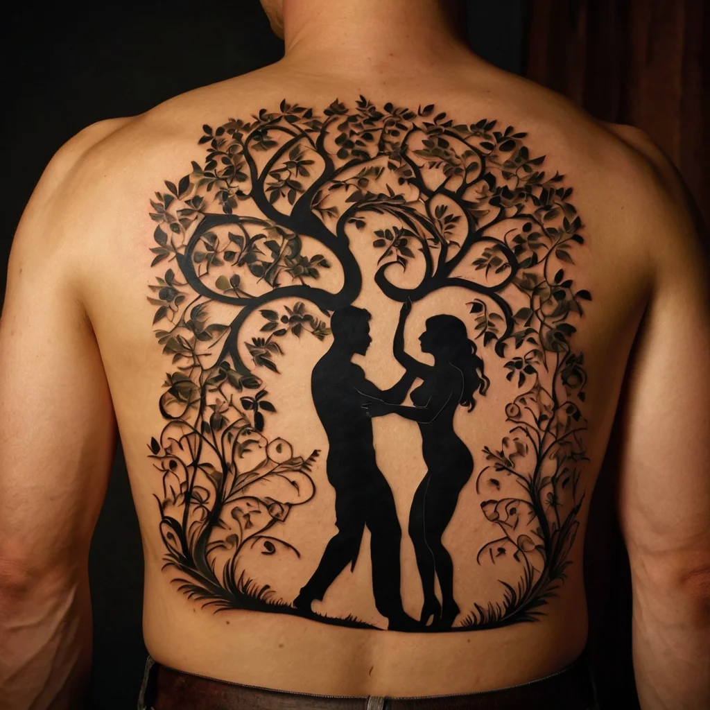 Silhouette tattoo of a couple beneath a tree with intertwining branches on the back, symbolizing unity and growth.