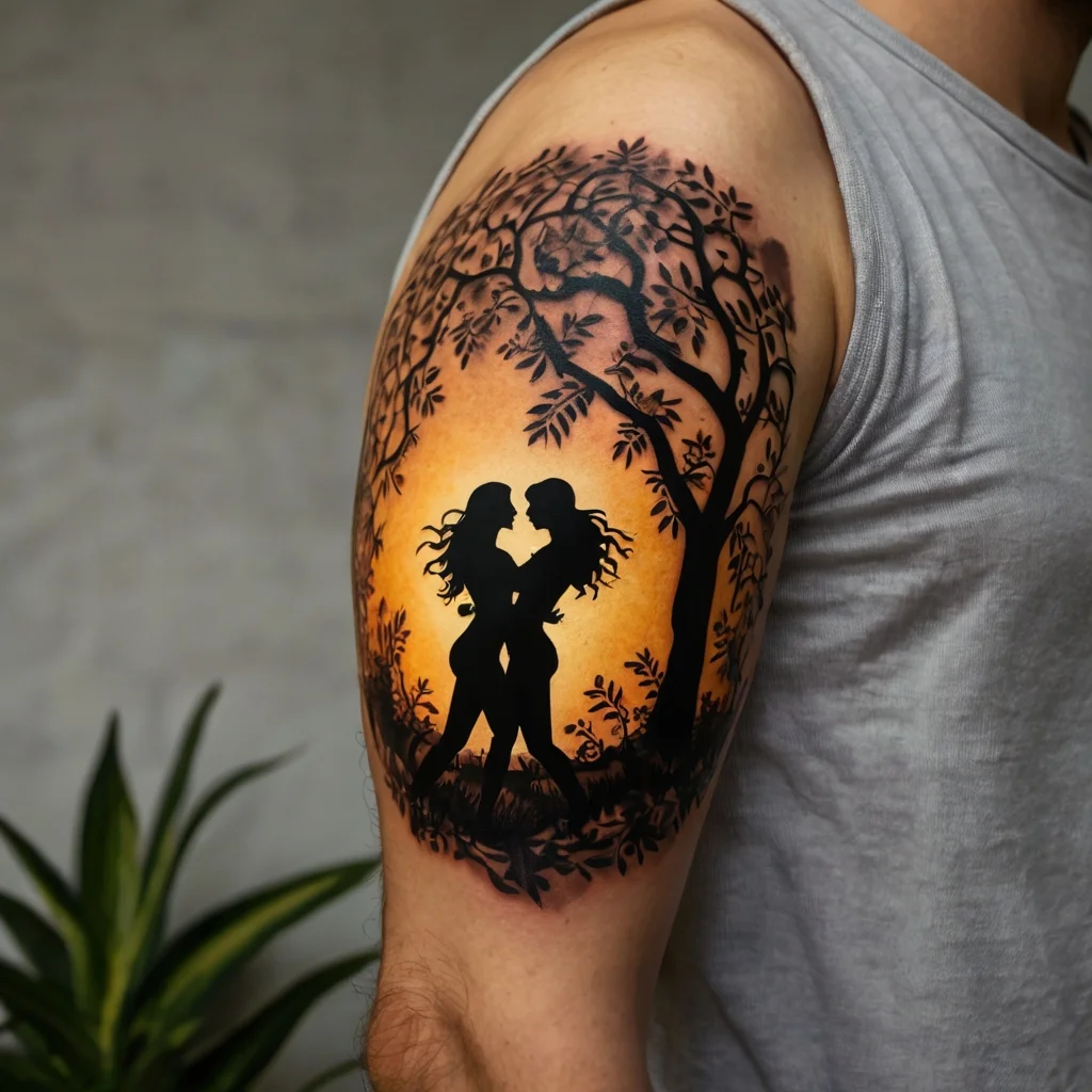 Silhouette tattoo of a couple embracing under a tree, set against an orange sunset background on the upper arm.