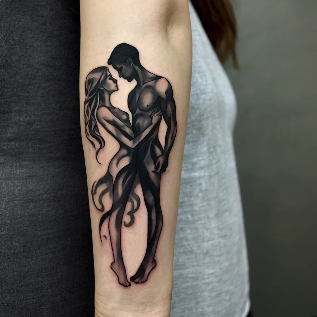 Tattoo of intertwined silhouetted figures, man and woman, with flowing lines and detailed shading on the forearm.