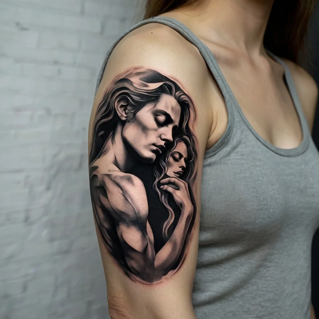 Black and gray tattoo of two close, serene faces with flowing hair on shoulder, reflecting intimacy and connection.