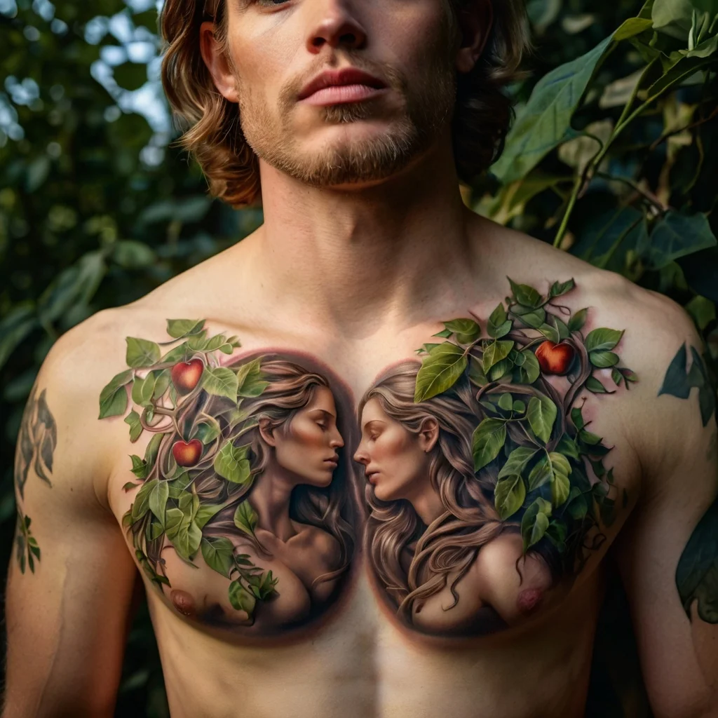 Realistic chest tattoo of two women intertwined with lush foliage and red apples, symbolizing nature and duality.