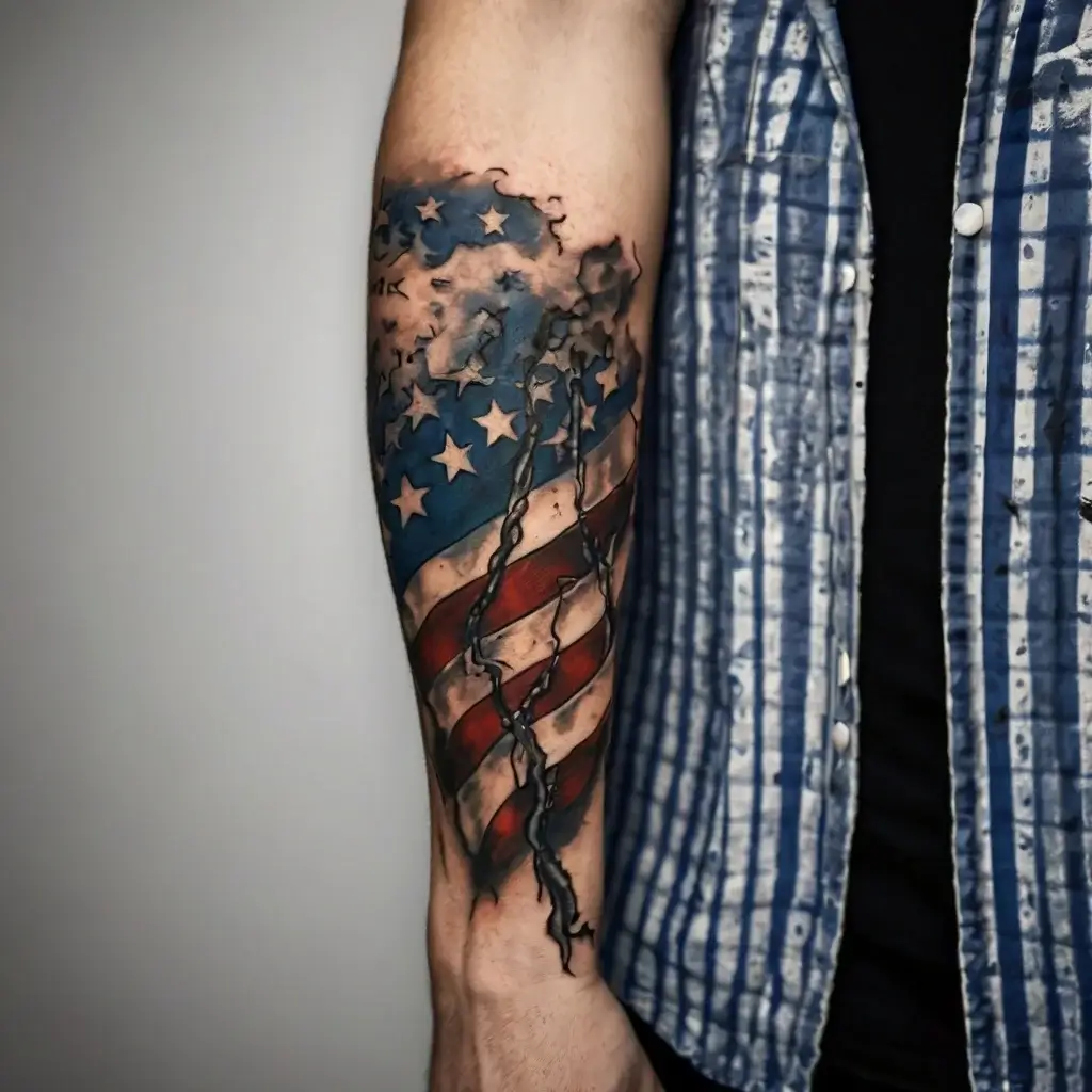 Tattoo of a tattered American flag ripping through skin, with 3D effect and birds flying out, symbolizing freedom.