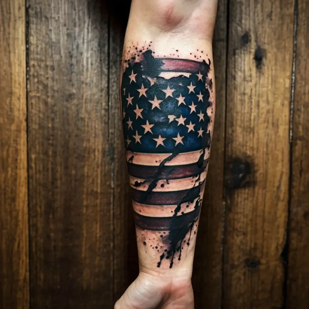 Forearm tattoo of an American flag, styled with paint-like splatters and drips, creating a dynamic, artistic effect.