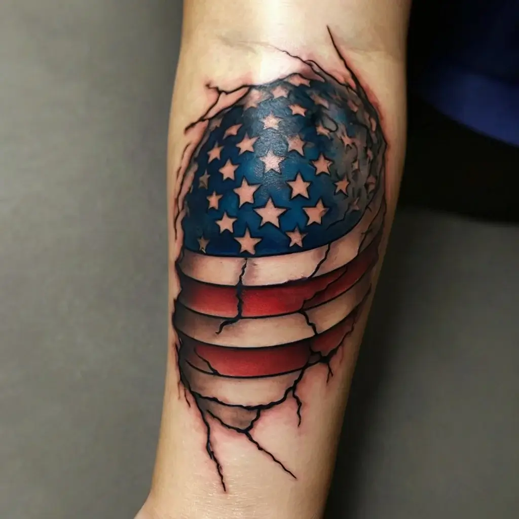 Tattoo design of torn skin revealing an American flag underneath, symbolizing patriotism and hidden strength.