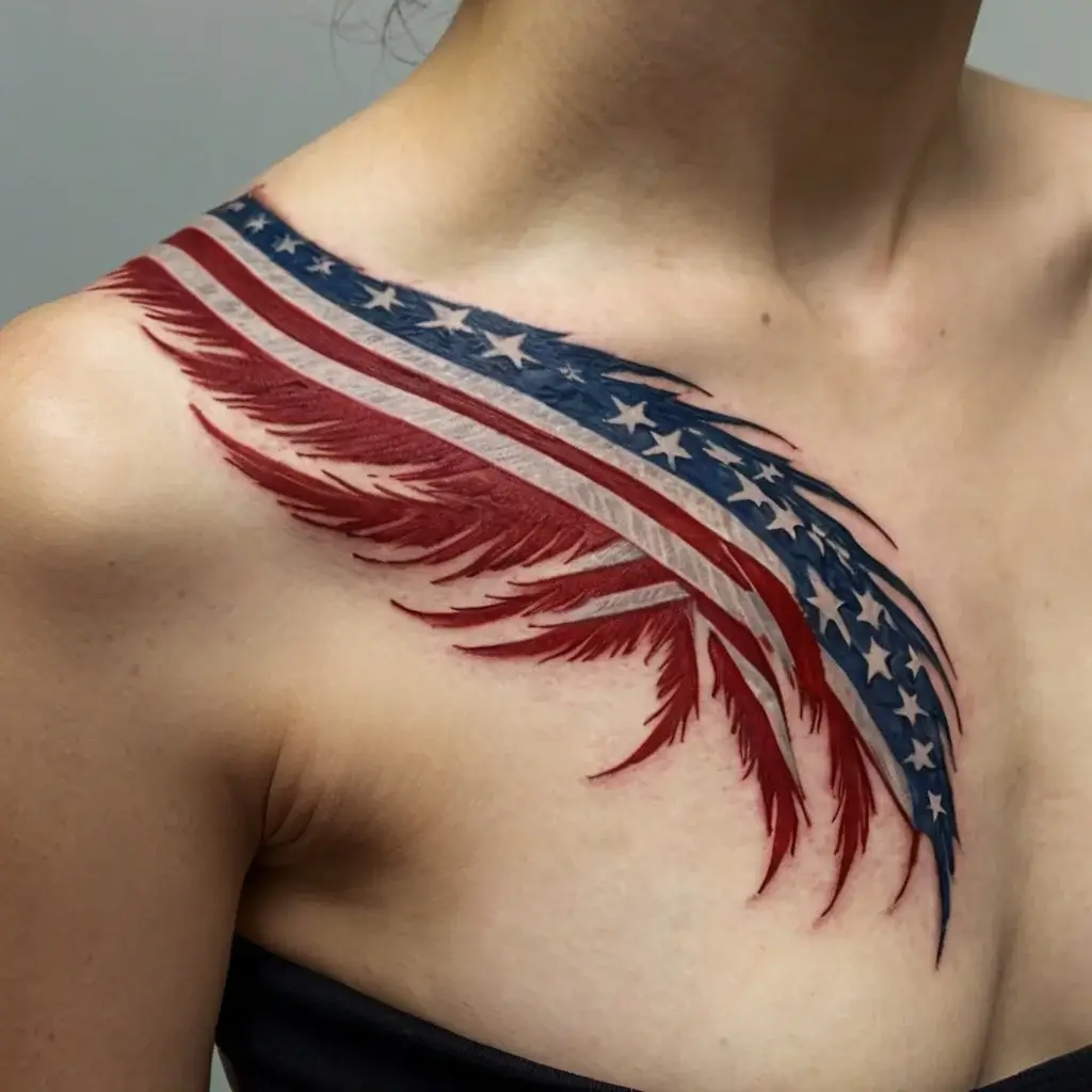 Tattoo of an American flag as a feather on the shoulder and collarbone, blending patriotism with elegance.