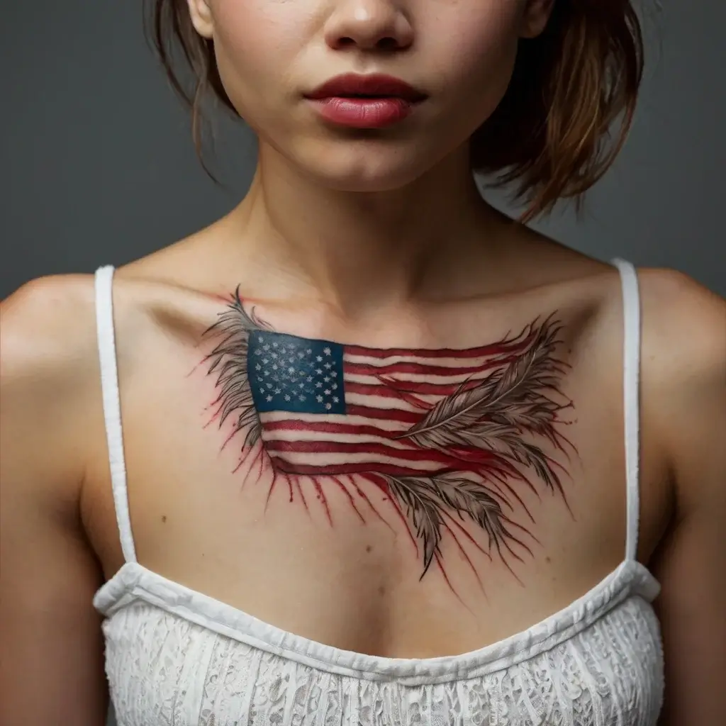 American flag tattoo, chest piece with feather details, symbolizing freedom and patriotism, blending red, white, and blue hues.