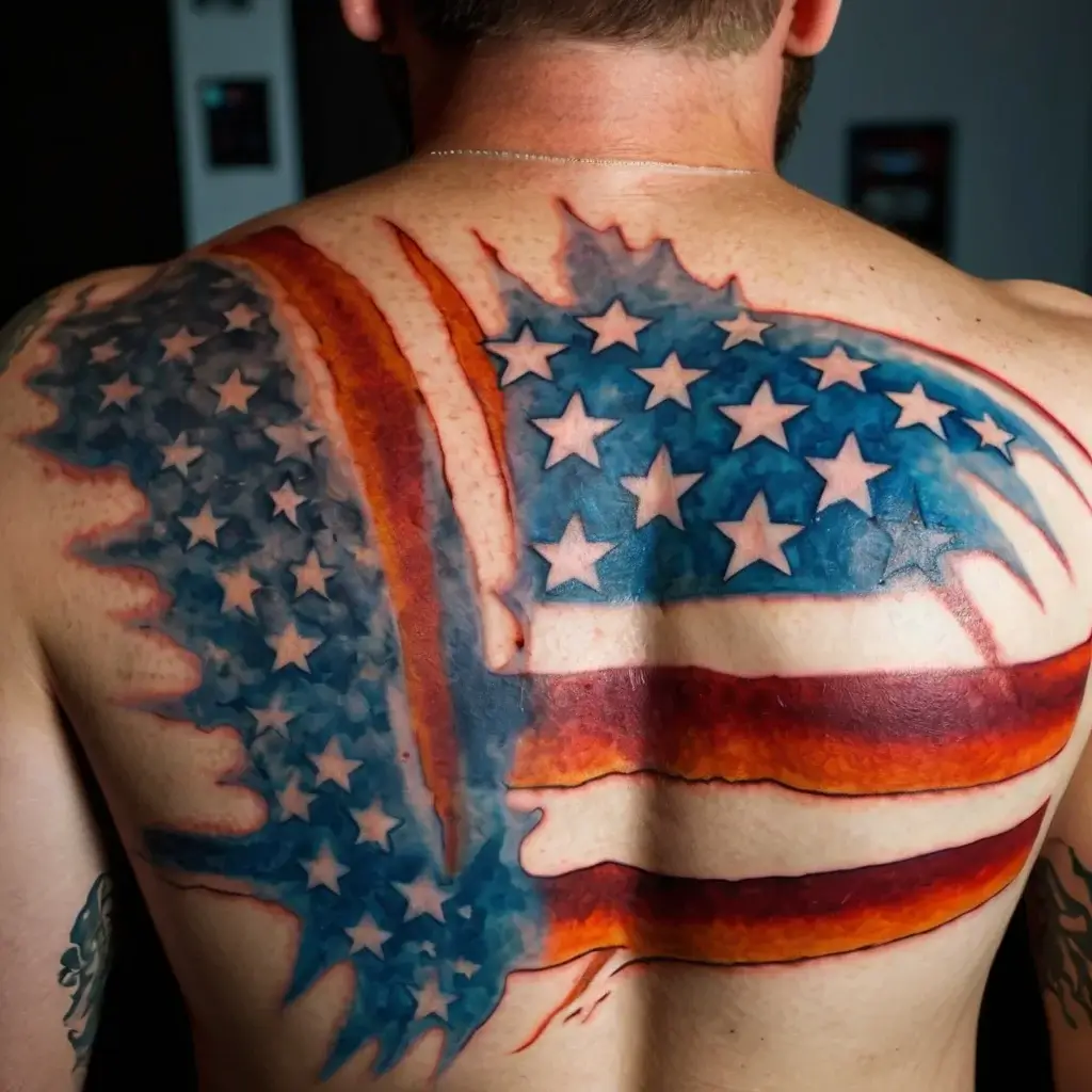 Tattoo of a torn American flag on a back, blending realistic stars and stripes with artistic edges.