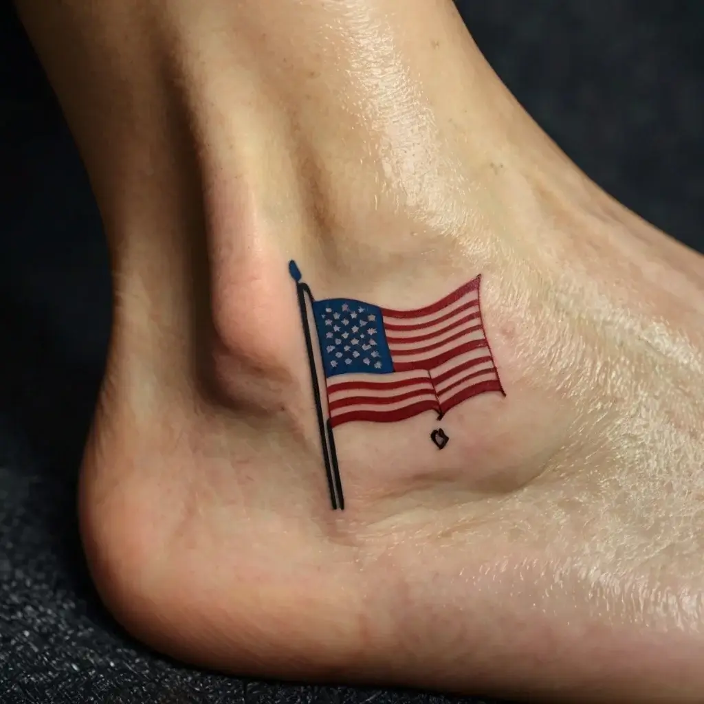 American flag tattoo on ankle: waving design in red, white, and blue with a small black heart accent beneath.