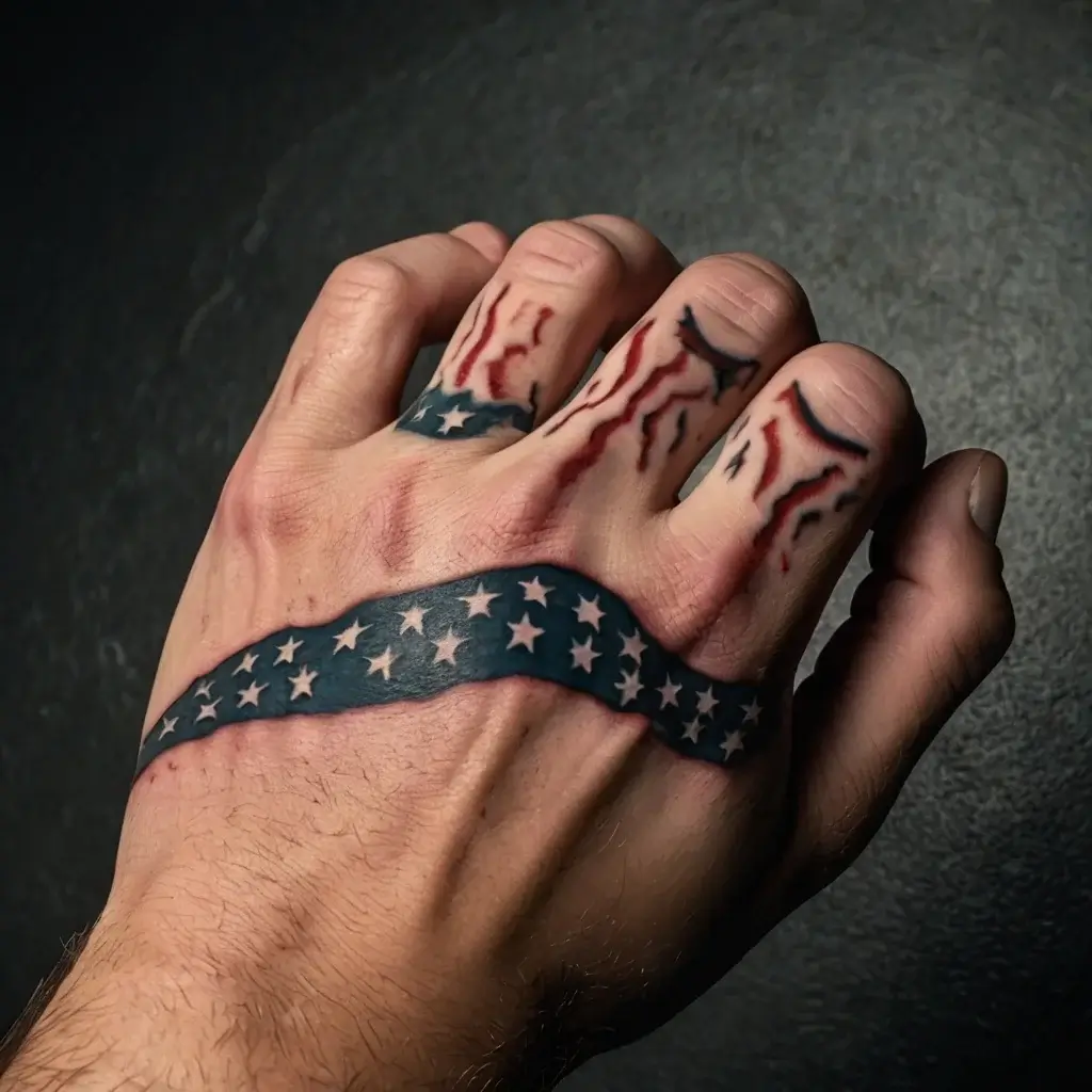 Tattoo of wavy American flag design on hand, with blue stars across the knuckles and red, white stripes along fingers.