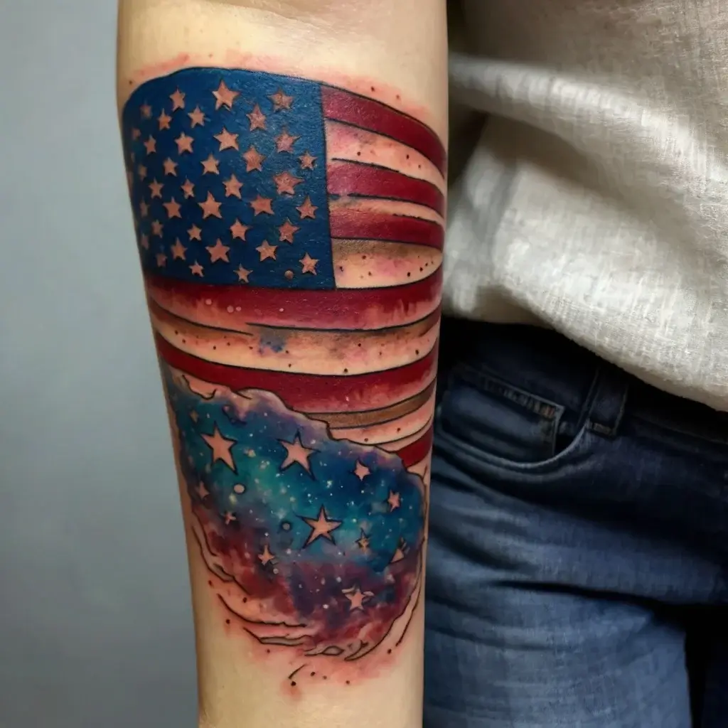 Tattoo of the American flag with stylized stars fading into a cosmic theme, blending red, white, blue, and galaxy elements.