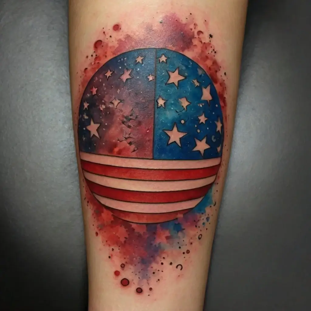 Tattoo of a sphere with stars and stripes, resembling a stylized flag; surrounded by watercolor-like red and blue splashes.