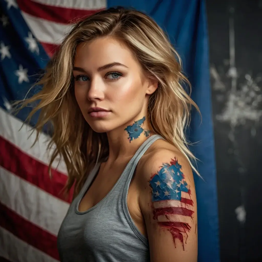 A woman with tattoos of the American flag; one on her shoulder with a weathered look and another on her neck.