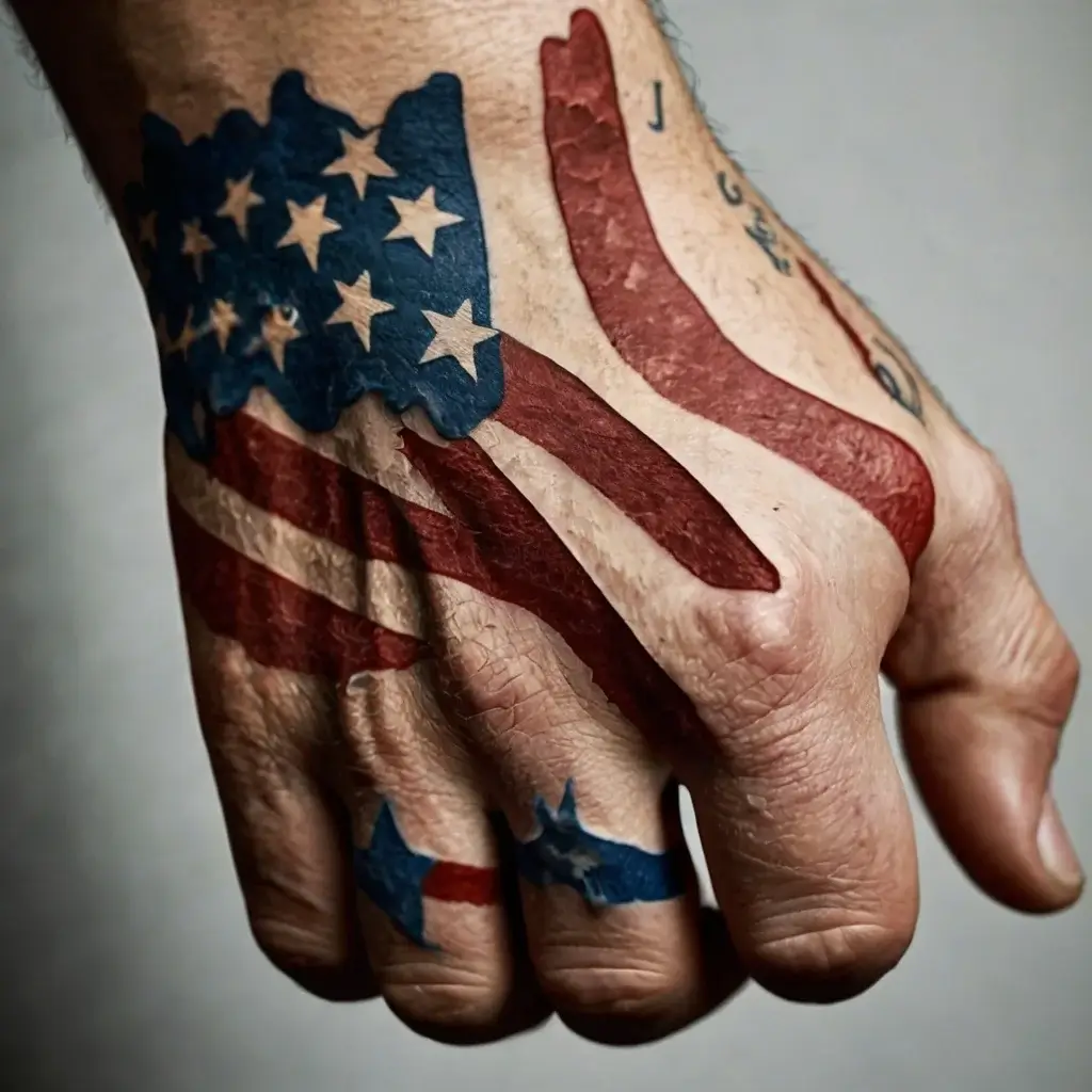 Hand tattoo of a stylized American flag with stars and stripes, extending over fingers and knuckles in bold colors.