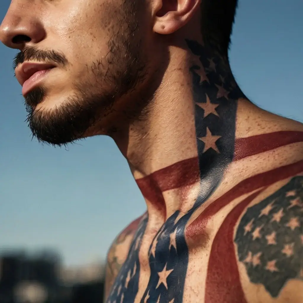 Tattoo featuring bold U.S. flag design wraps around neck and chest, showcasing stars and stripes with dramatic shadows.