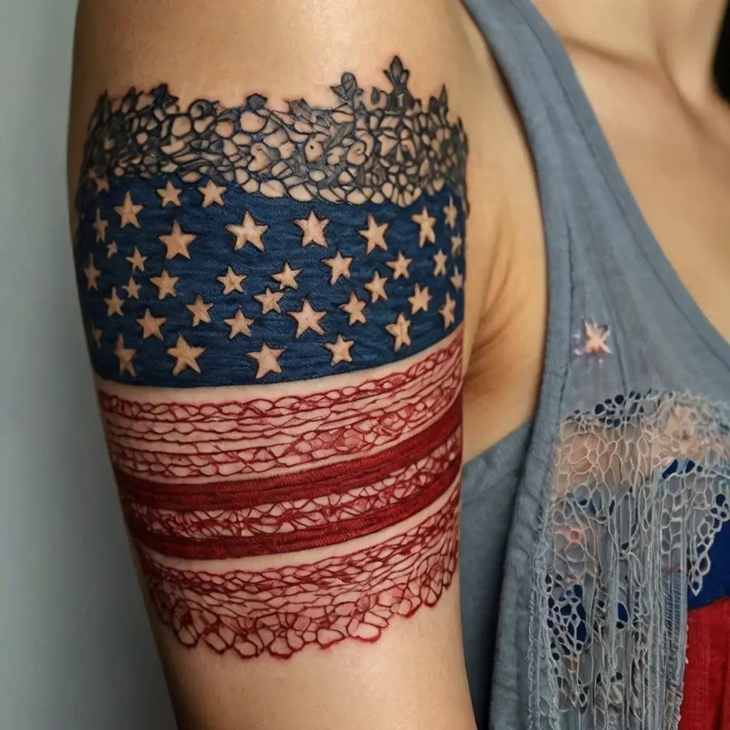 Tattoo of a stylized American flag on the arm, featuring lace patterns in blue and red, blending stars and stripes.