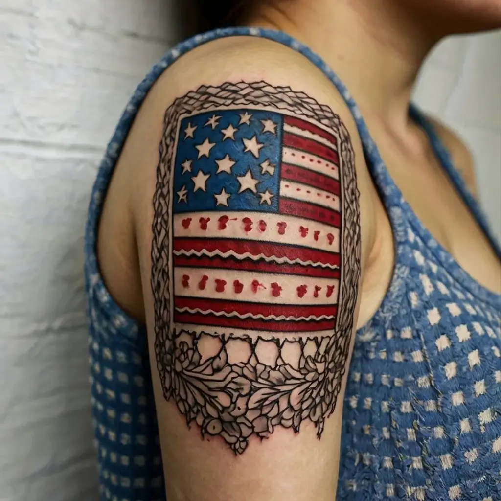 American flag tattoo with stars and stripes, framed in black floral pattern on the upper arm.