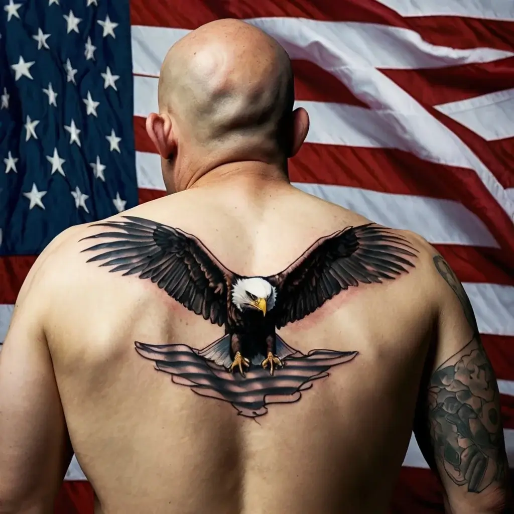 Bald eagle with wings spread, perched on a shaded American flag design on a man's upper back.