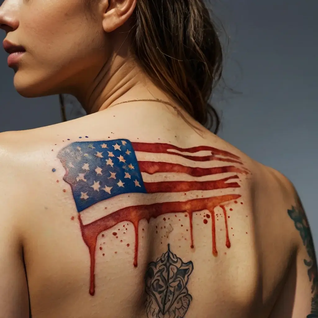 Tattoo of a US flag on a shoulder, with red stripes appearing to drip like paint, adding a dynamic effect.