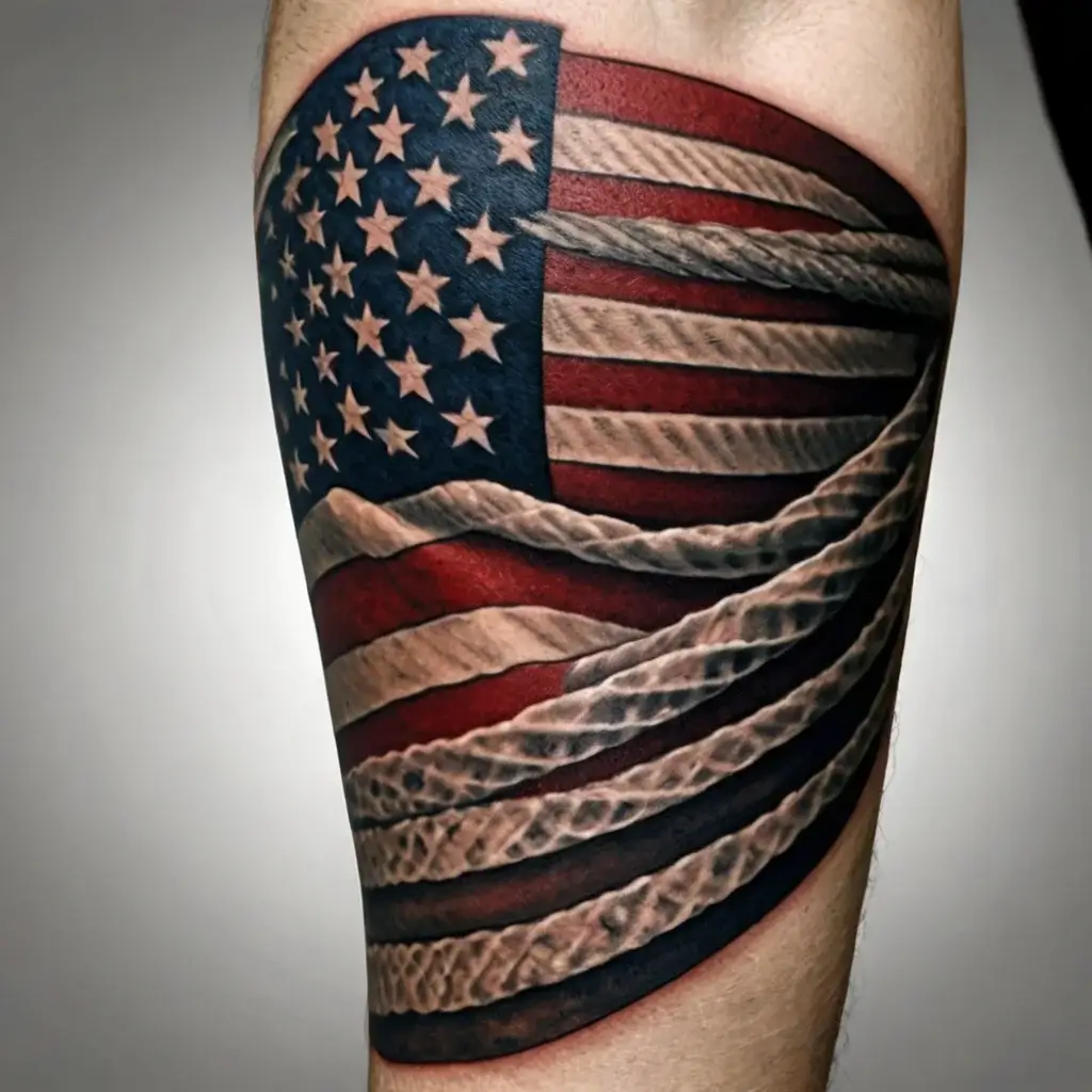 Realistic American flag tattoo with vibrant colors and detailed shading, creating a 3D waving effect on the skin.