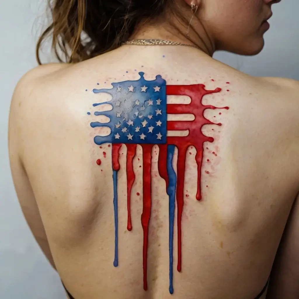 Tattoo of a bleeding American flag on the back, with blue stars and red stripes dripping like paint.