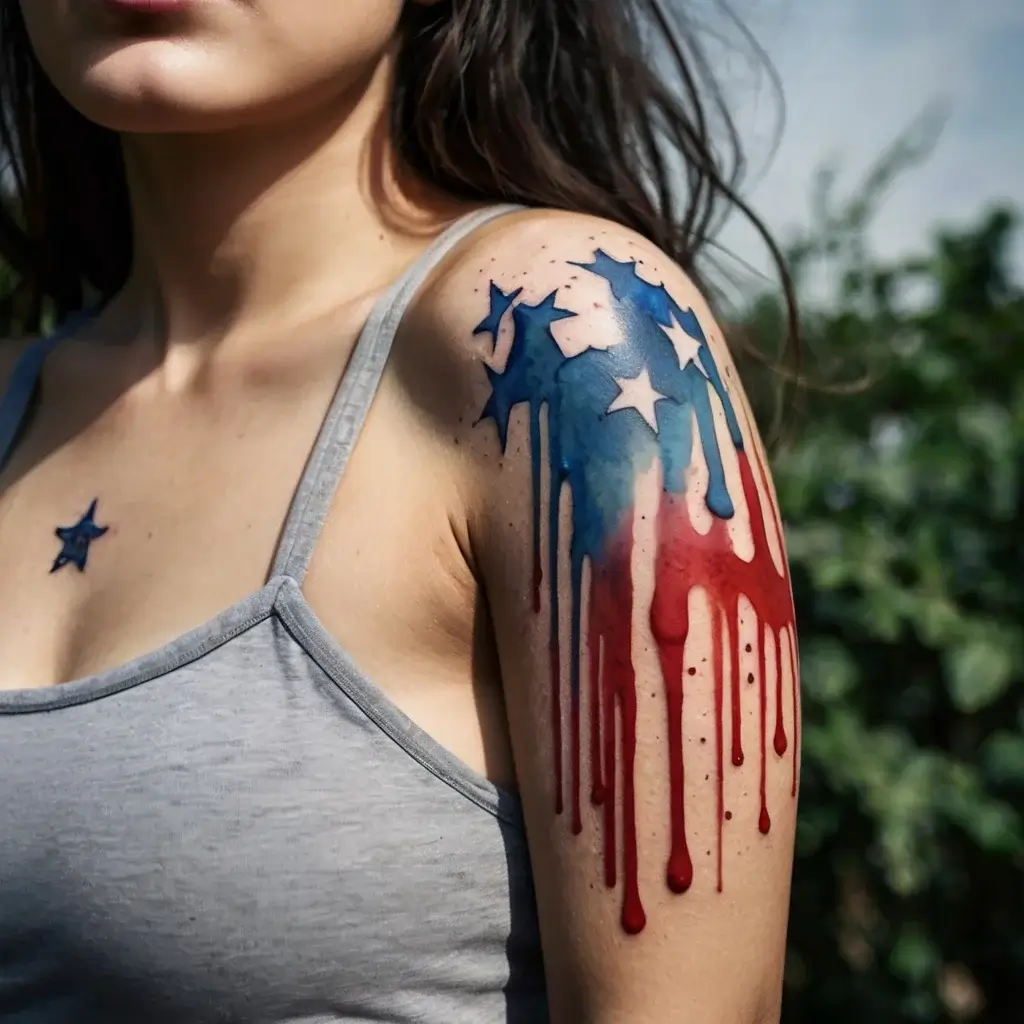 Tattoo of blue stars with red and blue paint drips on the upper arm, creating a bold, artistic patriotic effect.