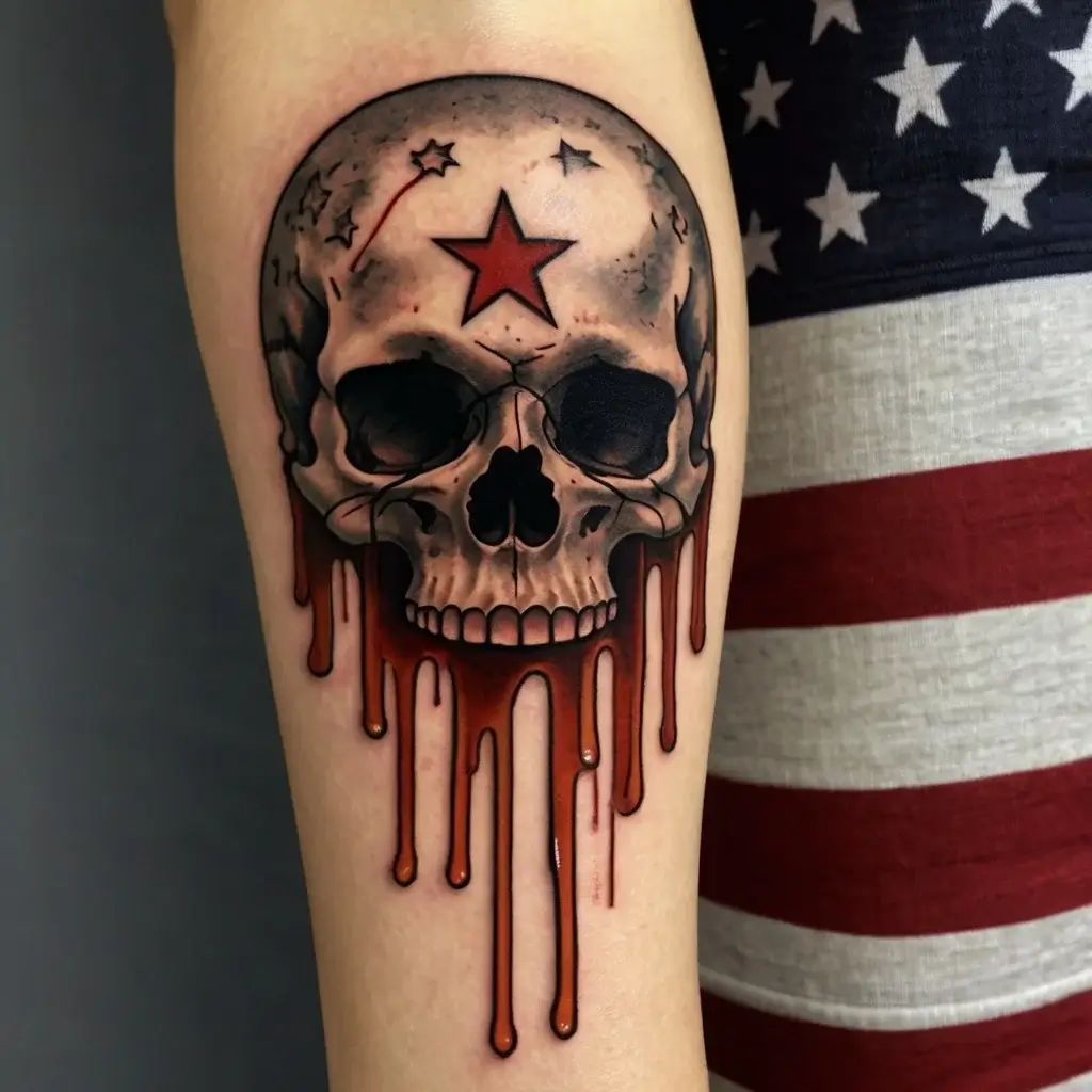 Tattoo of a skull with a red star on the forehead, featuring red dripping paint and small stars on top.