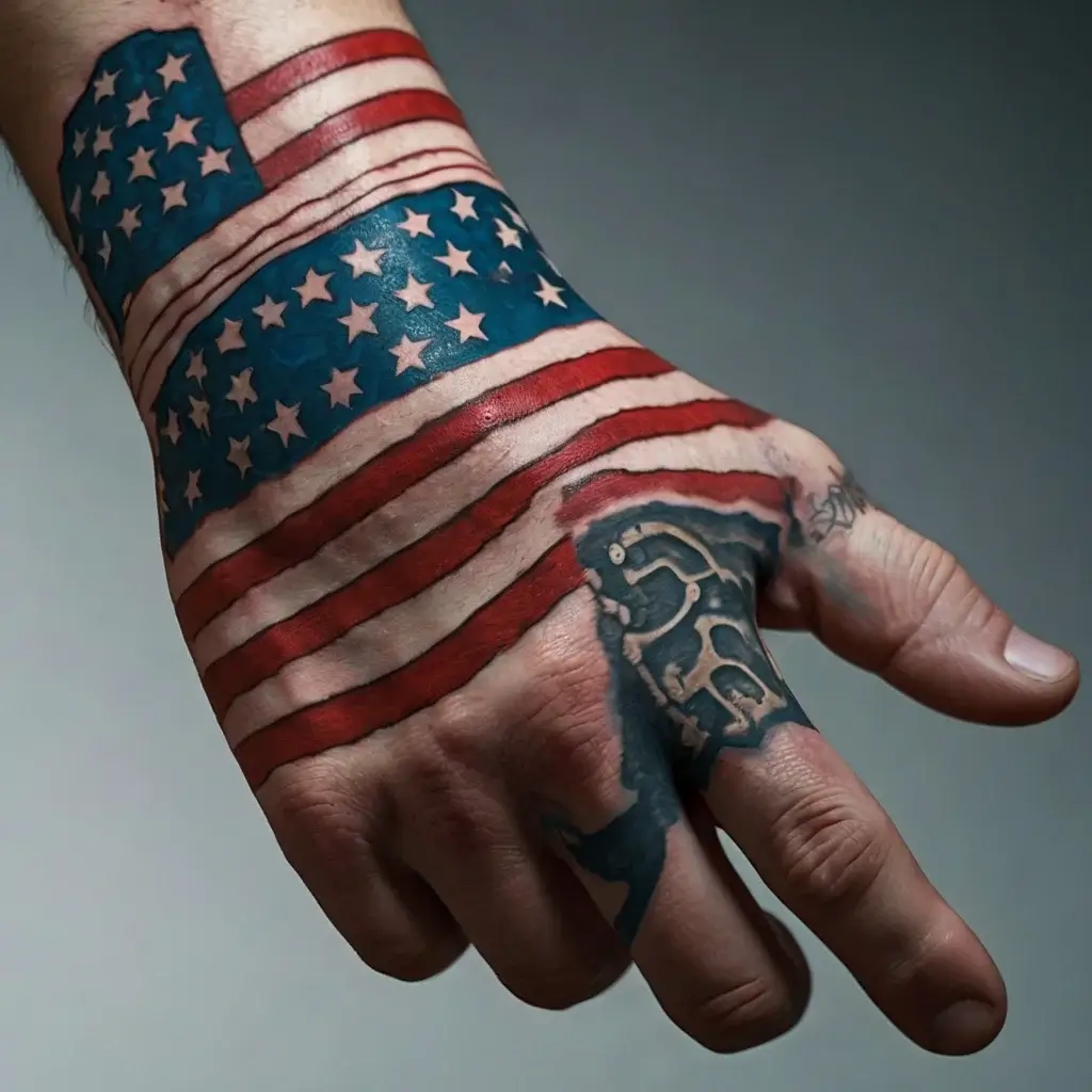 Tattoo of the American flag spans the hand, with red stripes and stars in blue. Intricate shadow effect adds depth.