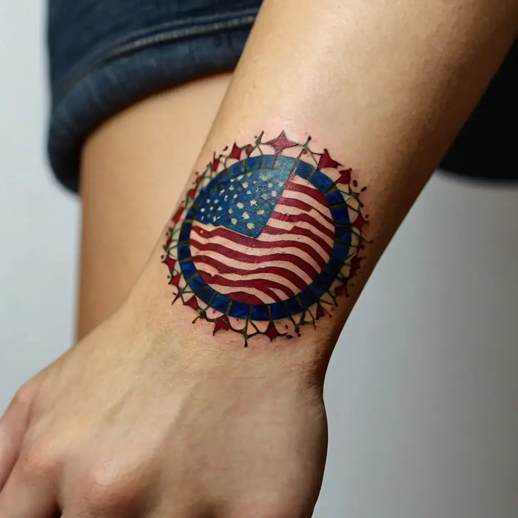 Tattoo of an American flag within a circular border, surrounded by a pattern of red and blue stars on the wrist.