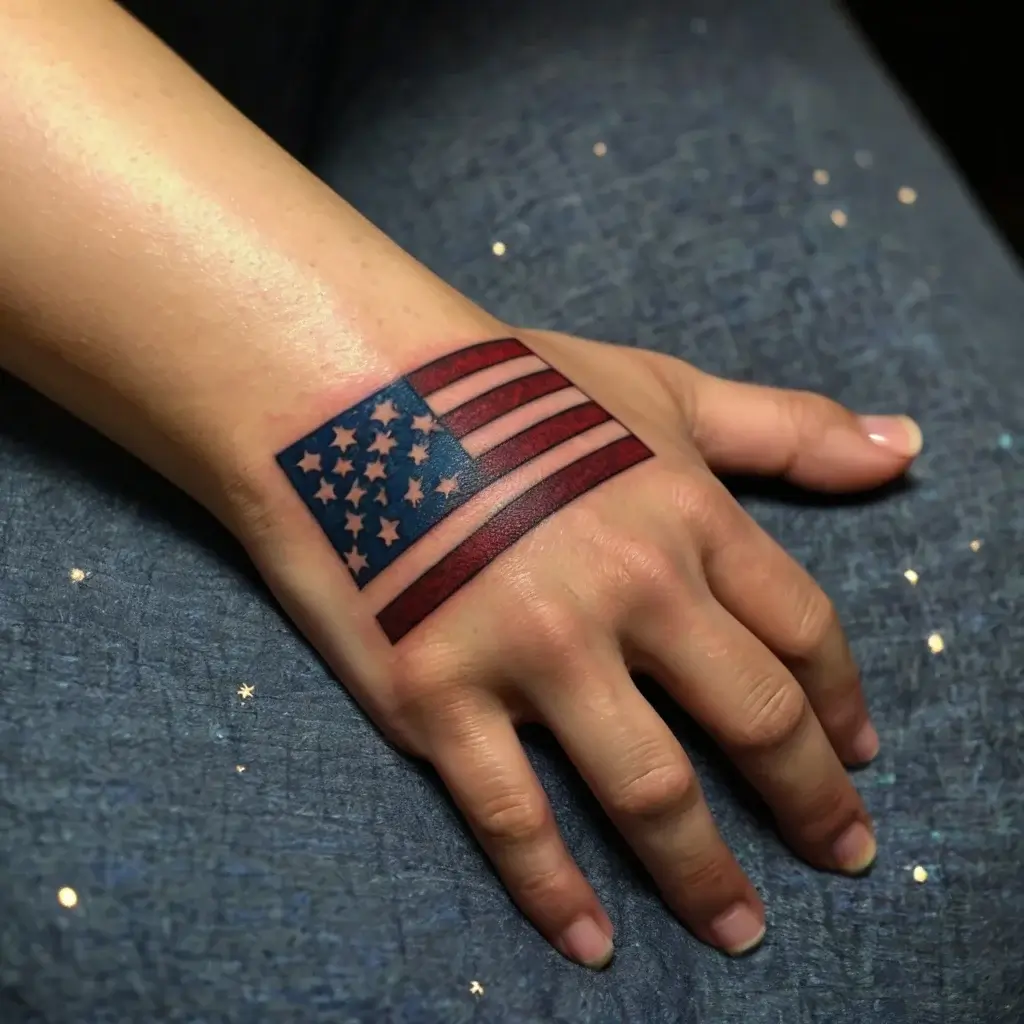 Tattoo of an American flag on hand: red stripes, blue field with white stars, symbolizing patriotism and national pride.