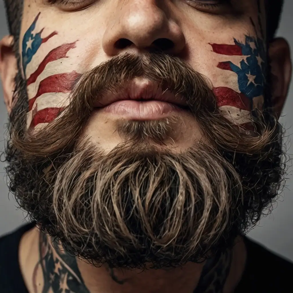 Tattoo of a torn American flag on both cheeks, featuring bold red, white, and blue colors, symbolizing patriotism.