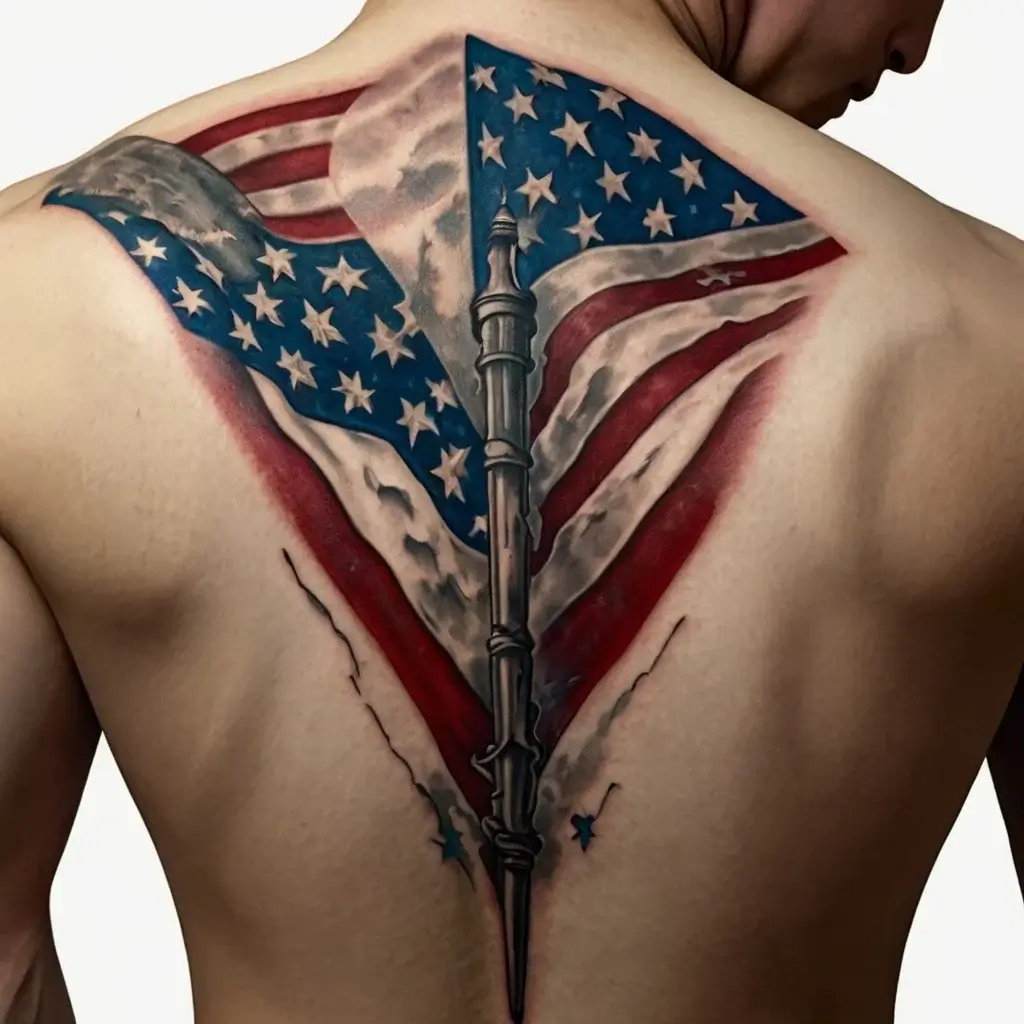 Tattoo of a torn American flag on a back with a flagpole, highlighting patriotic elements in vivid red, white, and blue.