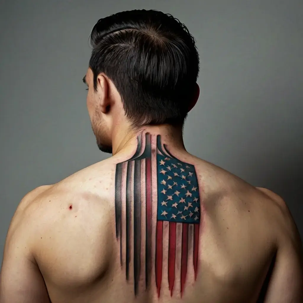 Back tattoo of a stylized American flag with flowing stripes and a bold blue field of stars starting at the neck.